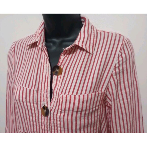 Zara Woman Striped Midi Shirt Dress XS Button Front Red & White Belted Pockets - Picture 3 of 12